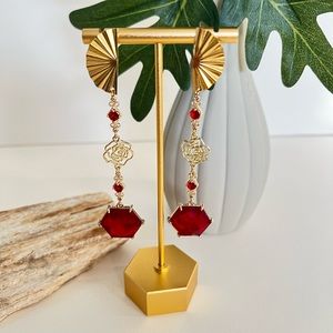 Elegant Art Deco-Inspired  Dangle Statement Earrings- Red & Roses Drop Earrings